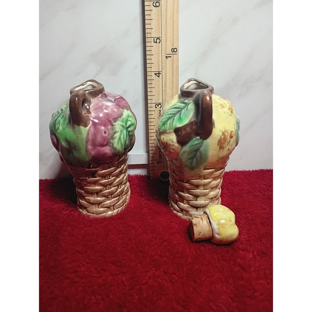 Vintage Dala Japan Ceramic Oil and Vinegar Cruet Set Fruit Basket Design 4 Inch